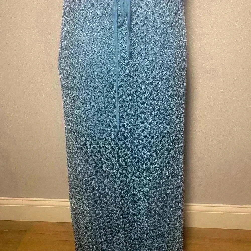 Crochet Maxi lined Halter Dress By Forever 21 SZ Medium Blue Mermaid Sexy Boho - Picture 3 of 5